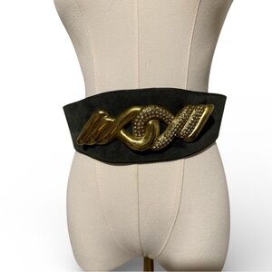 Caché Made in Italy Hunter Green Leather Wide Belt w Gold Rhinestone Knot